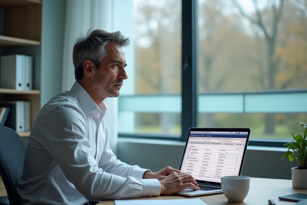 Responsable administratif calculant les compensations salariales CCN 51 sur un ordinateur portable en bureau médical