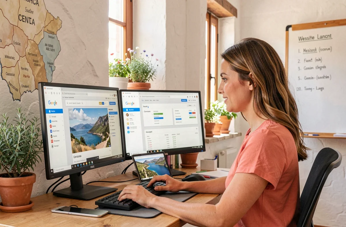 Développeuse web de l'agence Corsicaweb créant un site internet avec référencement naturel dans un bureau au caractère corse