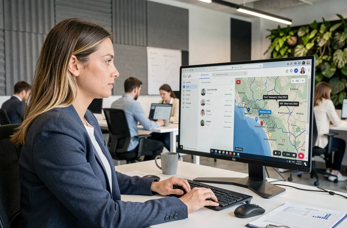 Stratège digitale de l'agence Newp en visioconférence depuis un espace coworking, gérant une campagne SEO géociblée sur la Corse