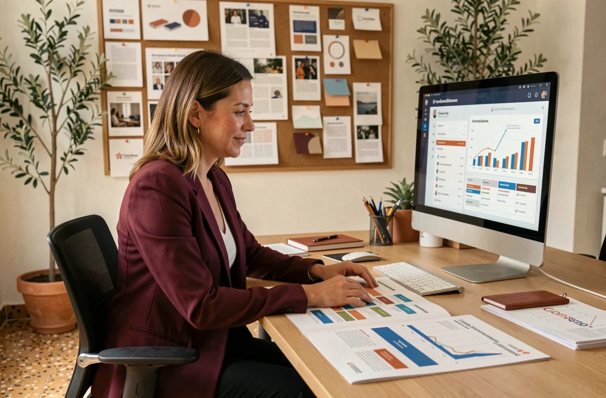 Directrice de communication de l'agence Kalimedia devant un plan de campagne digitale multicanal pour une marque corse