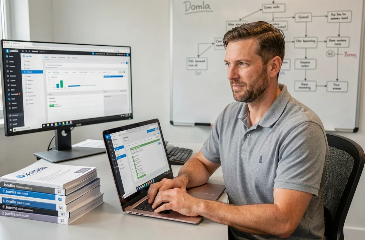 Chef de projet digital de l'agence Sensomedia travaillant sur une interface Joomla et un audit SEO dans un bureau moderne en Corse
