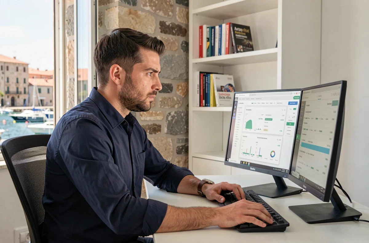 Consultant SEO de l'agence Bonu travaillant sur des données de référencement dans un bureau à Bastia en Corse