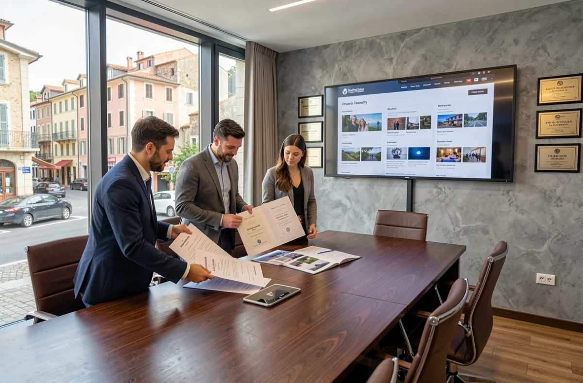 Équipe de l'agence Webaxis récompensée autour d'une table de réunion avec des certificats et un portfolio de réalisations web