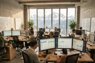 Vue d'ensemble d'une agence SEO moderne dans les Hautes-Pyrénées avec vue sur les montagnes et équipes travaillant sur des tableaux de bord analytiques