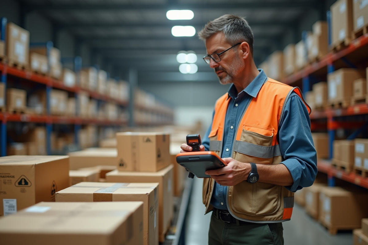 Agent logistique scannant colis dans entrepôt organisé