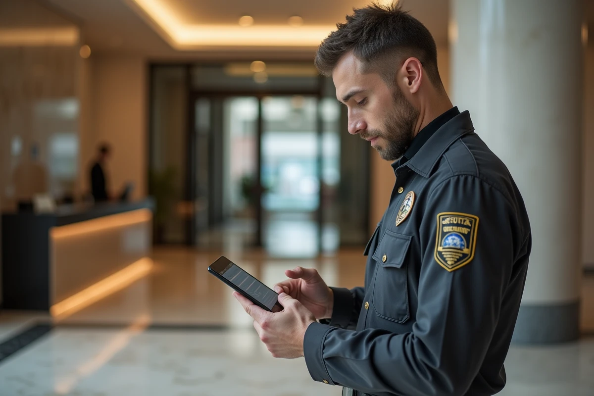 Agent de sécurité Securitas consultant son portail professionnel sur smartphone dans un hall d'entrée