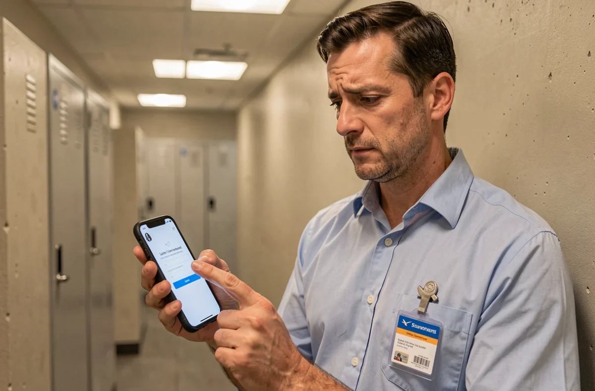 Agent au sol consultant l'intranet Air France sur smartphone avec message d'erreur de connexion