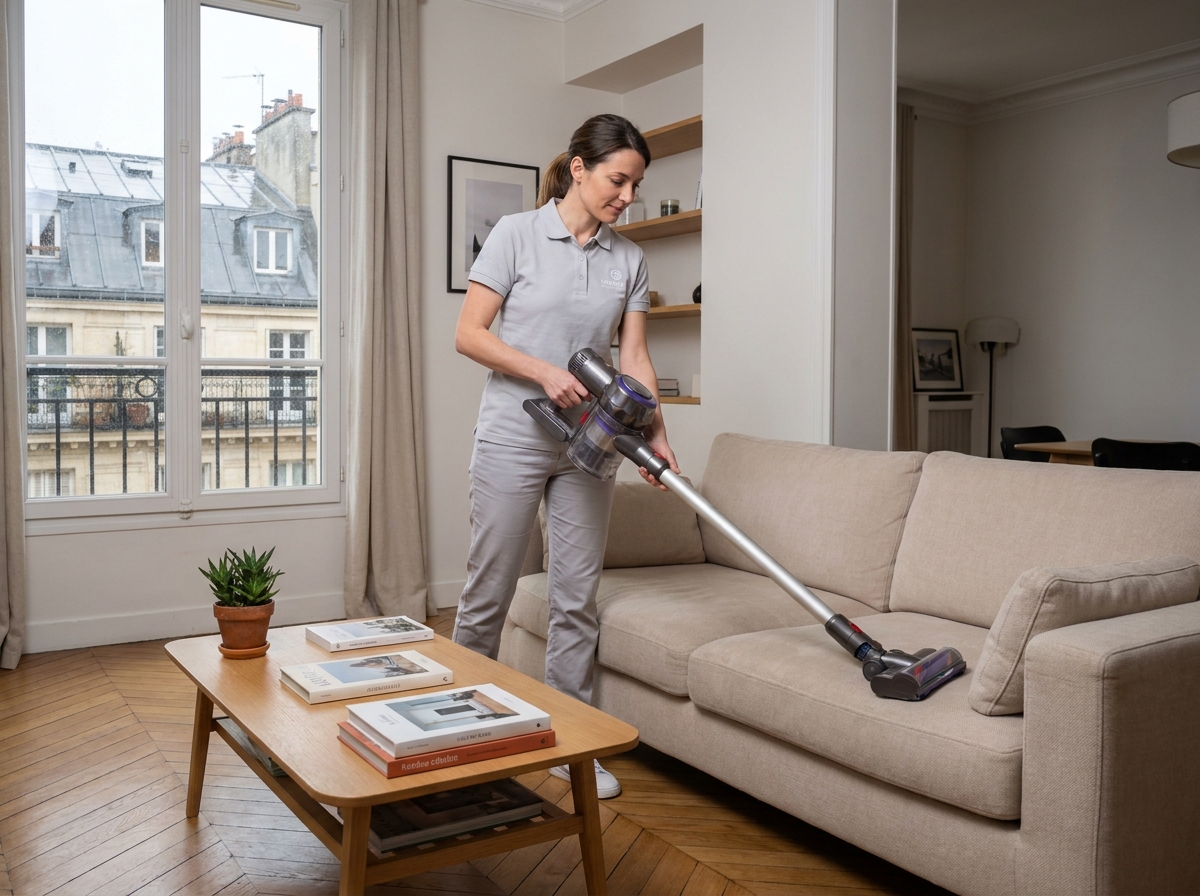 Service de ménage à domicile dans un salon moderne à Levallois-Perret, aide ménagère passant l'aspirateur