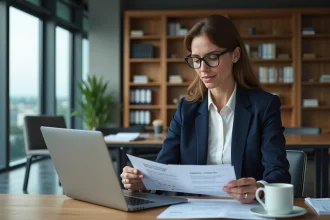 Femme professionnelle analysant des avis en ligne sur l'Institut National de la Propriété Intellectuelle à son bureau