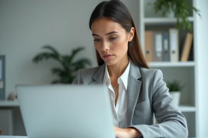 Femme professionnelle analysant le site zalentrapro.fr sur un ordinateur portable dans un bureau moderne