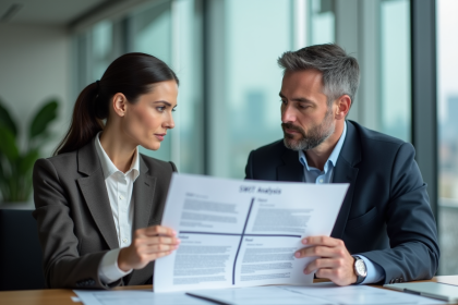 Une femme et un homme analysant un tableau SWOT dans un bureau moderne