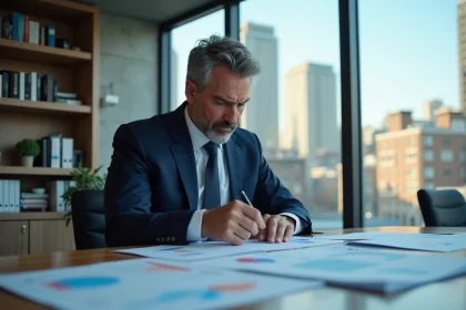 Analyste en costume examinant des graphiques au bureau