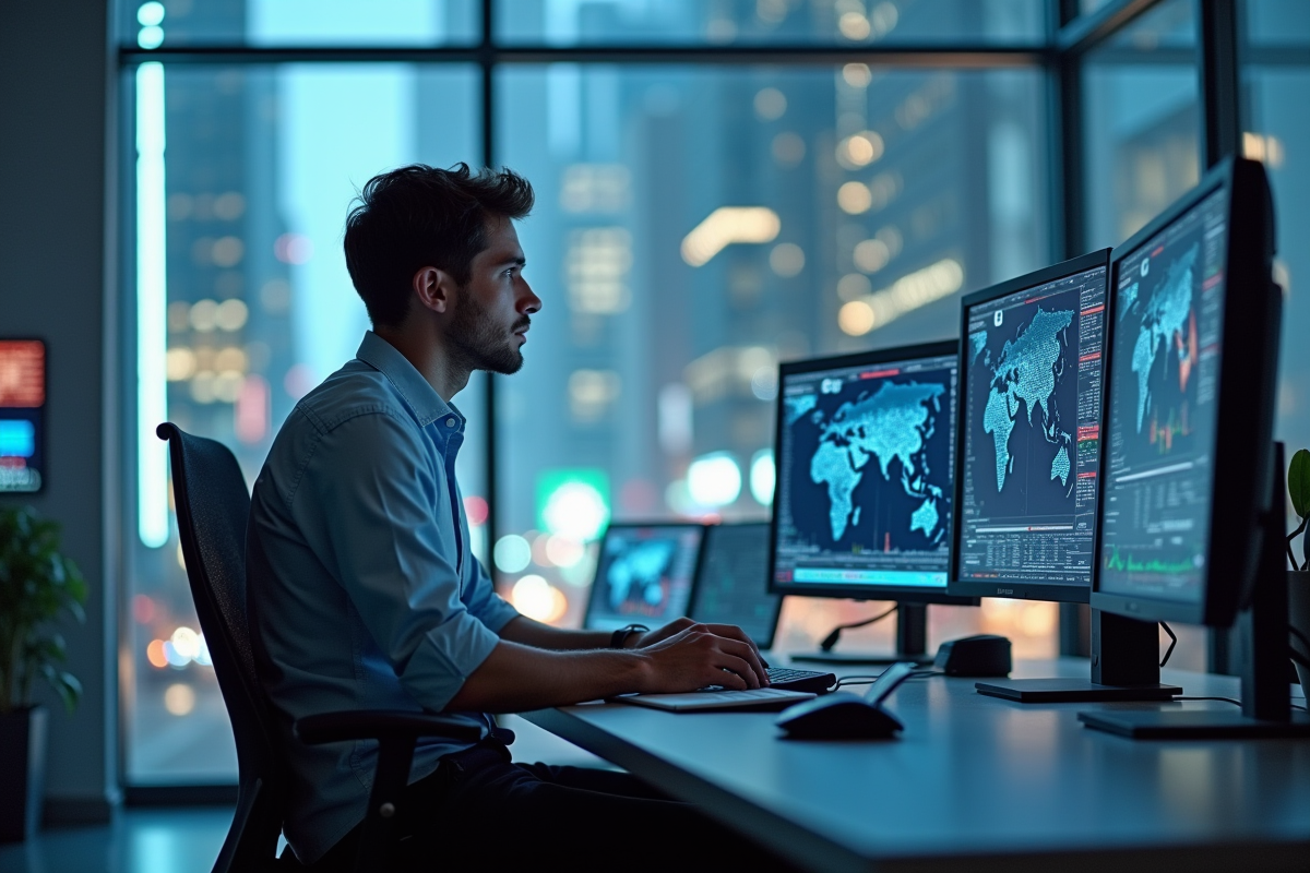 Jeune analyste financier regardant des graphiques sur écran