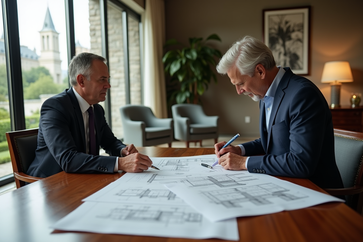 Homme et femme d affaires examinant des plans architecturaux