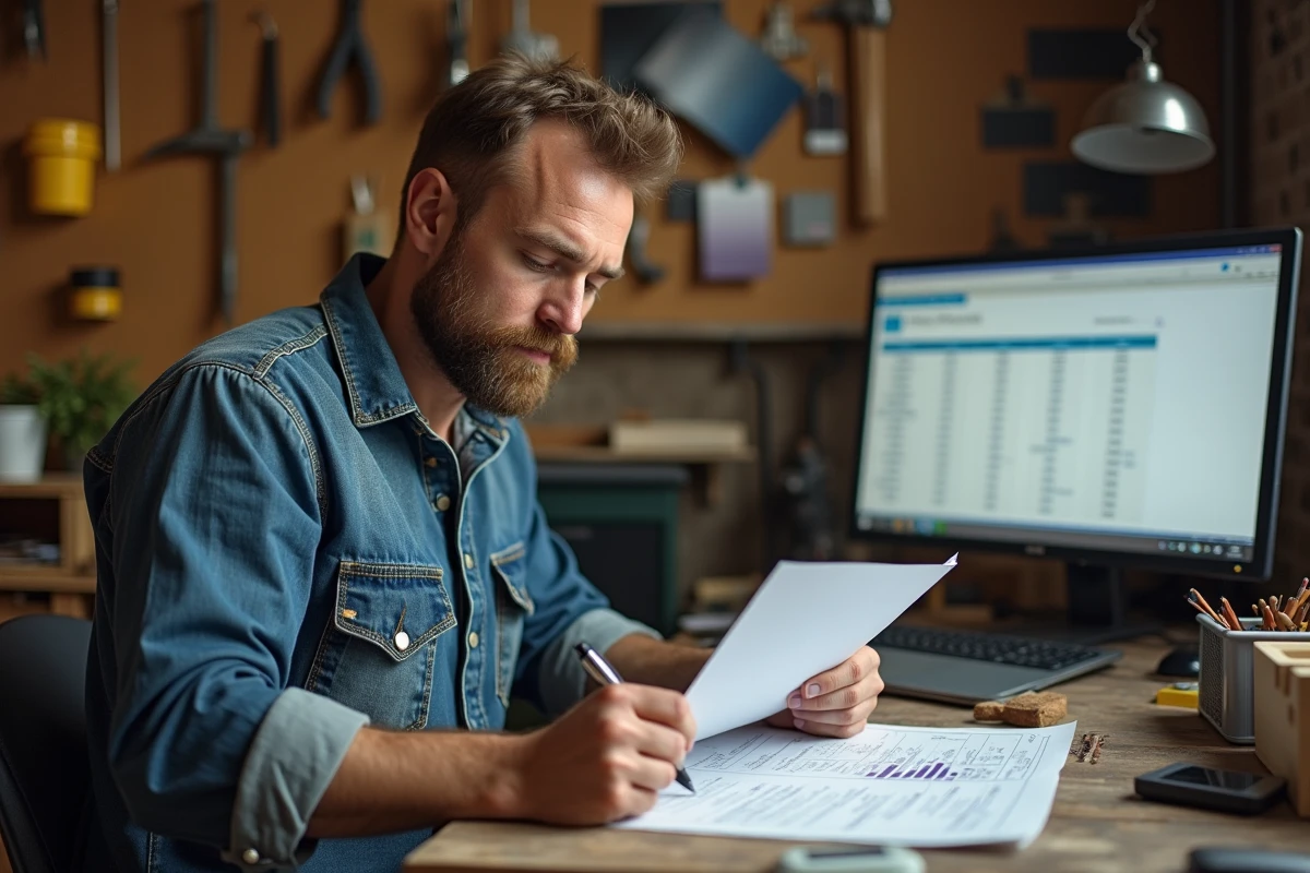 Artisan annotant un devis client à son bureau dans un atelier de travaux