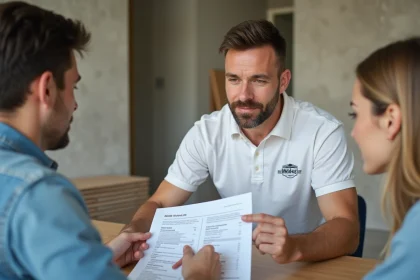 Artisan BTP présentant un devis à un couple de clients dans une cuisine en rénovation