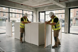Assemblage d'une salle de réunion modulaire démontable dans un open space moderne à Lille par deux techniciens en gilet de sécurité