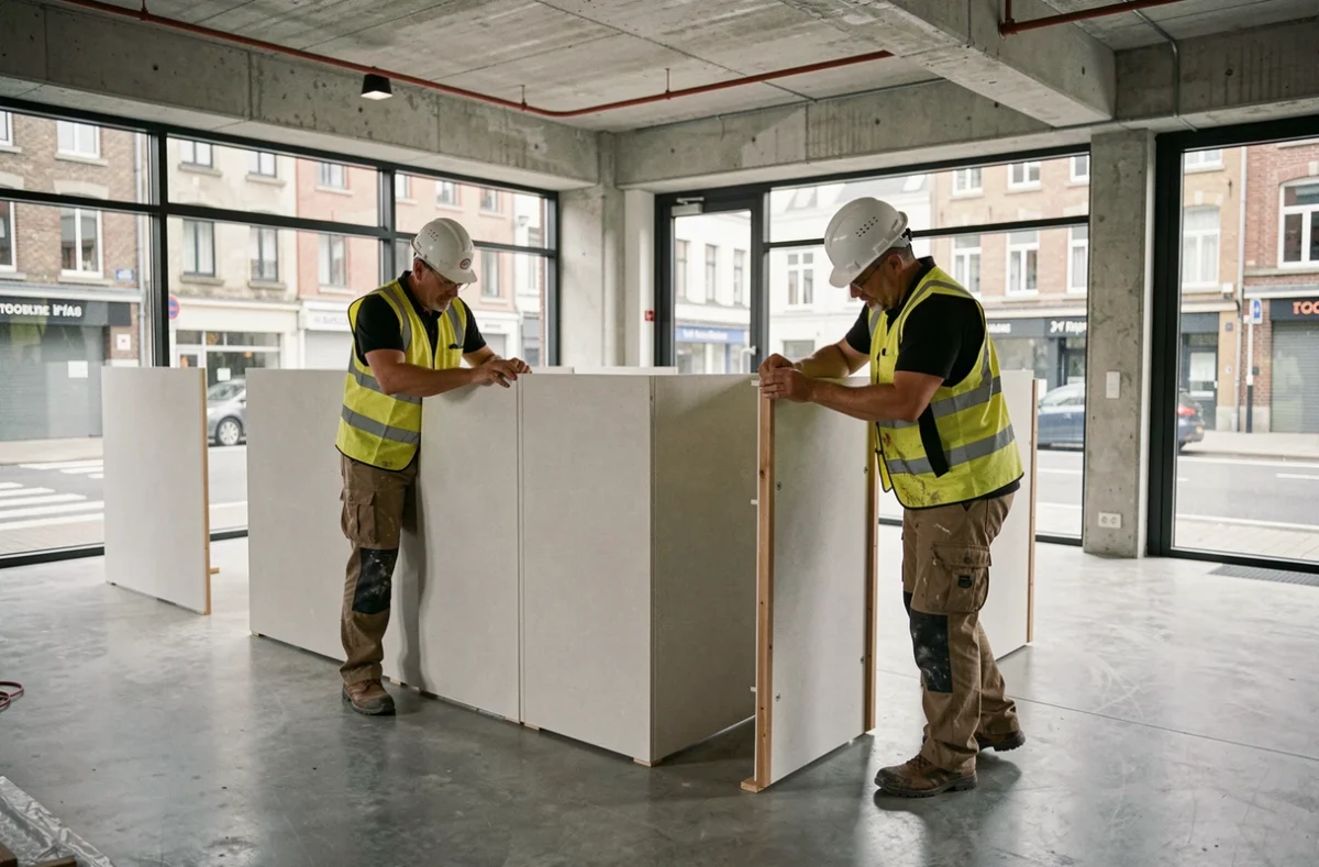 Assemblage d'une salle de réunion modulaire démontable dans un open space moderne à Lille par deux techniciens en gilet de sécurité