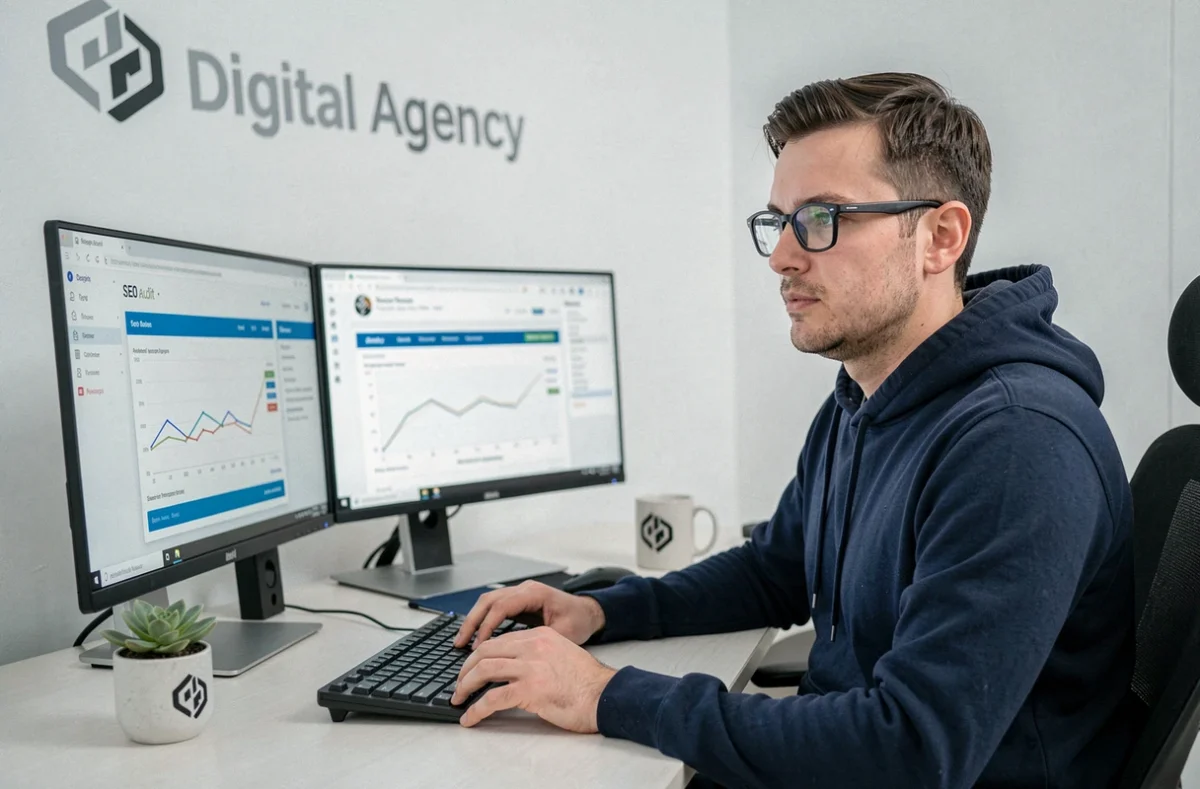 Développeur web d'Asyourweb analysant des rapports SEO sur un double écran dans un bureau minimaliste