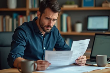 Auto-entrepreneur consultant ses documents officiels KBIS et extrait Pappers sur un bureau en bois à domicile