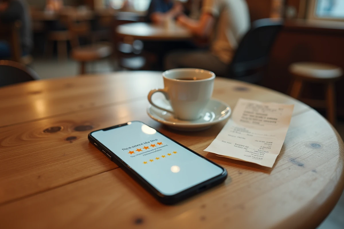Avis cinq étoiles sur un smartphone posé sur une table de café avec une tasse d'espresso