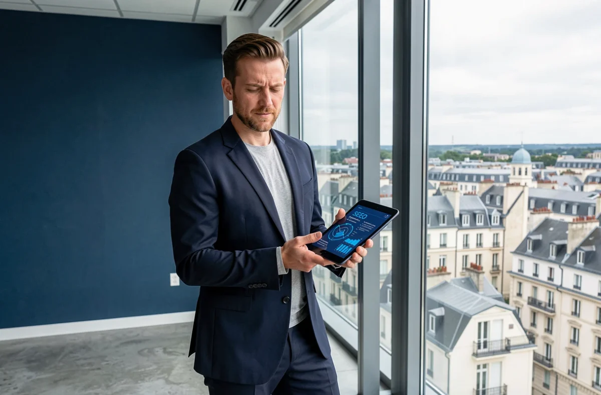 Stratège de Blue Strat présentant une stratégie SEO sur tablette devant une grande fenêtre panoramique dans un bureau épuré aux accents bleus