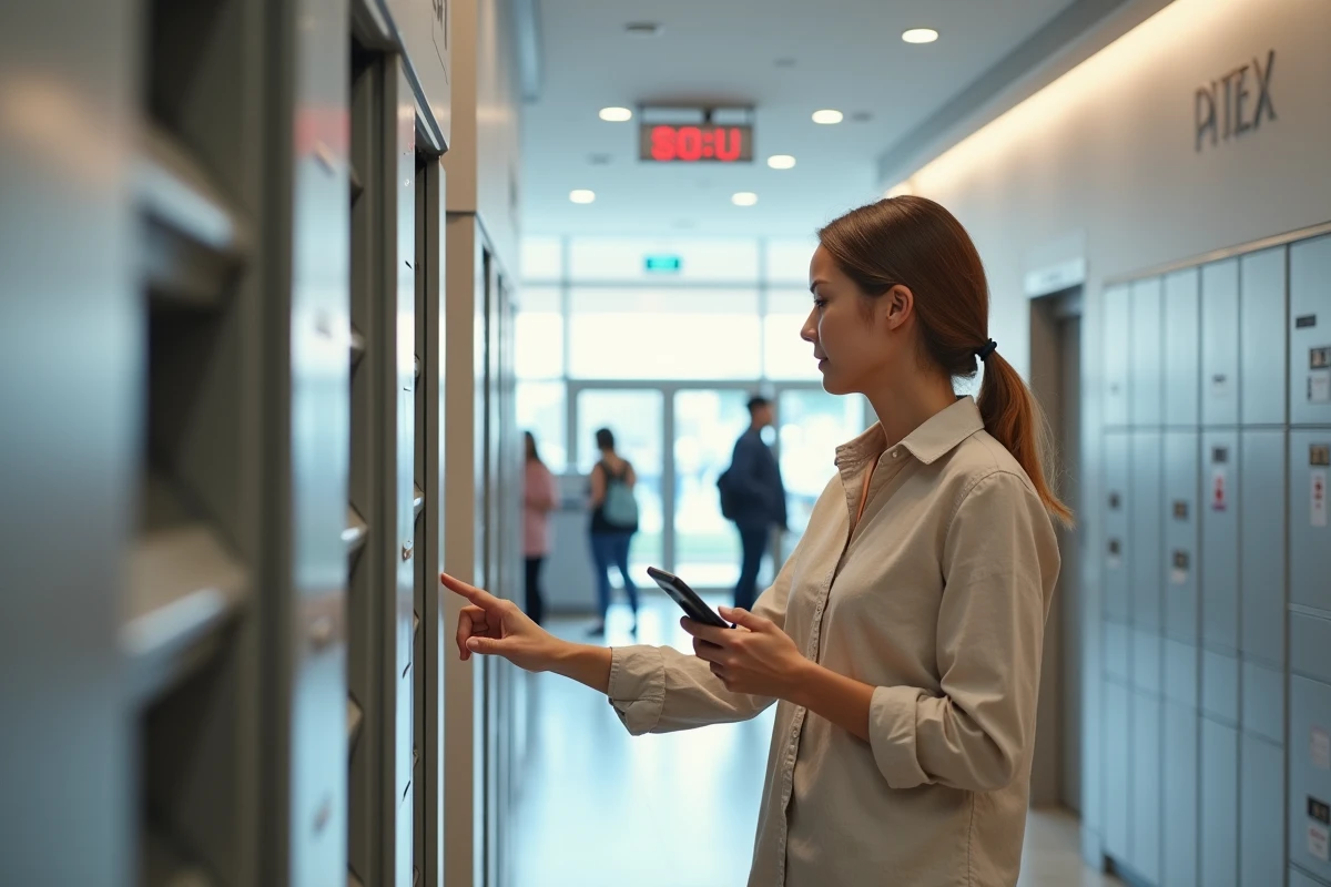 Femme utilisant une borne de casiers connectés Flexigo dans un bureau de poste moderne pour récupérer un colis