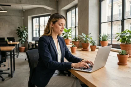 Jeune femme travaillant dans un espace de coworking abordable à Paris avec bureaux en bois et murs en béton