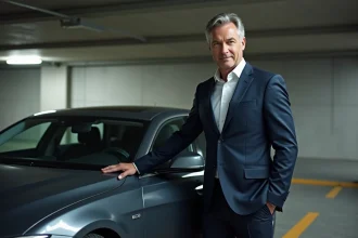 Cadre d'entreprise hésitant devant sa voiture de fonction dans un parking souterrain