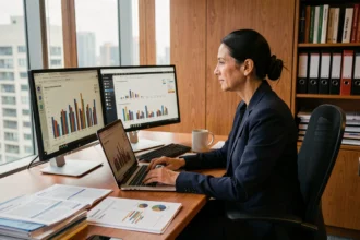 Femme analyste financière étudiant des graphiques de chiffre d'affaires par activité sur double écran dans un bureau moderne