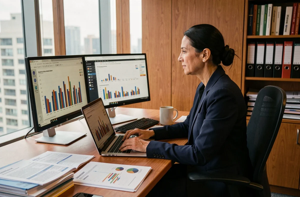 Femme analyste financière étudiant des graphiques de chiffre d'affaires par activité sur double écran dans un bureau moderne