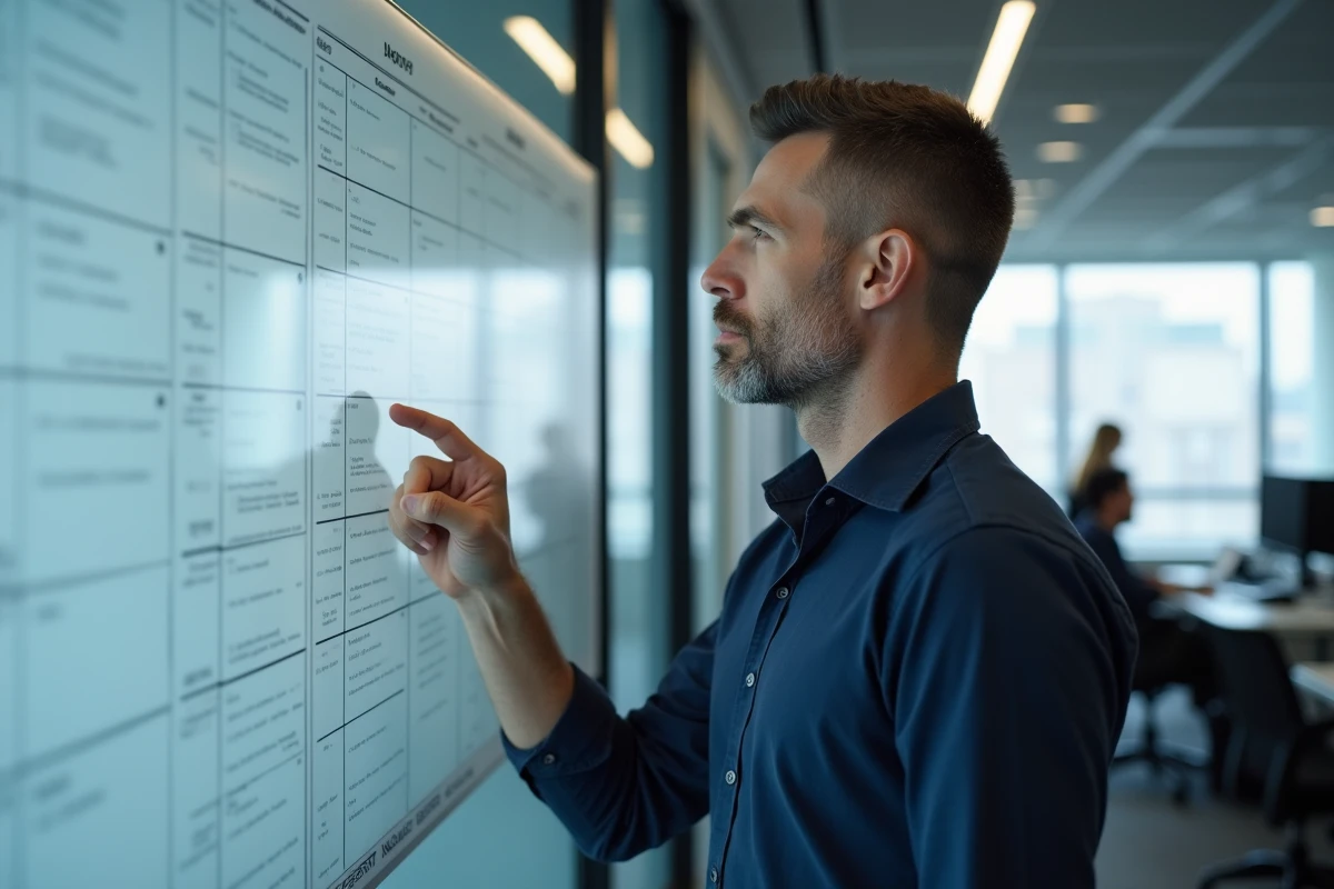 Homme d'affaires comptant les jours ouvrables sur un calendrier mural dans un bureau en open space