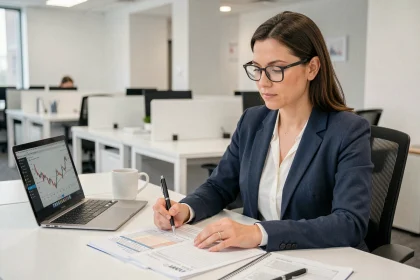 Femme professionnelle calculant un taux horaire avec des documents de paie et une feuille de calcul sur un bureau moderne