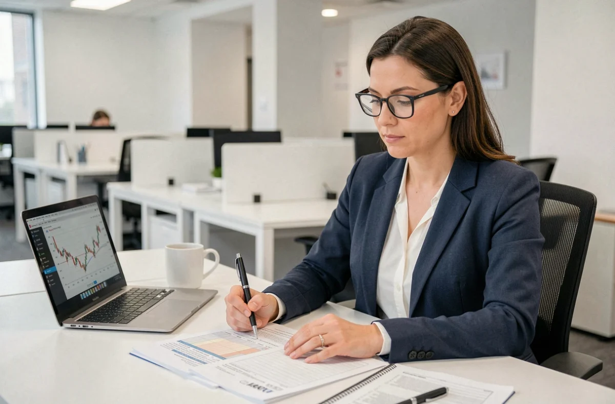 Femme professionnelle calculant un taux horaire avec des documents de paie et une feuille de calcul sur un bureau moderne