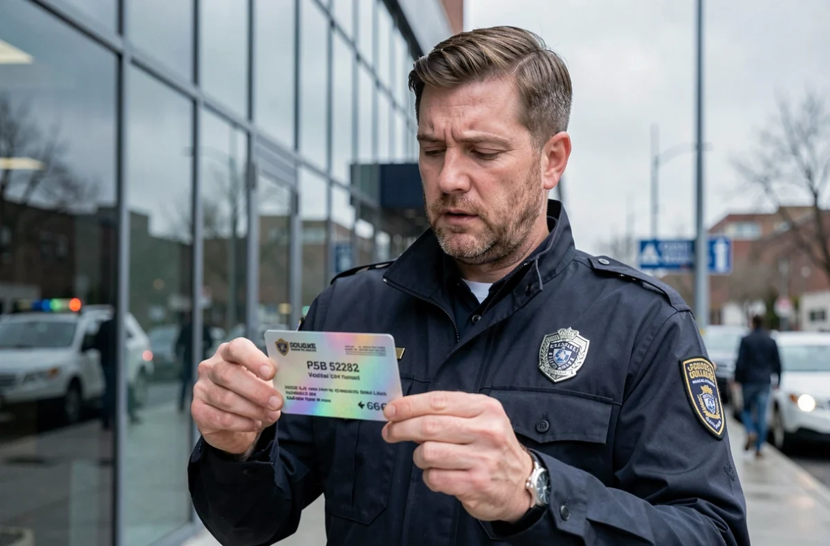Agent de sécurité privée examinant sa carte professionnelle CNAPS fraîchement délivrée devant un bâtiment commercial