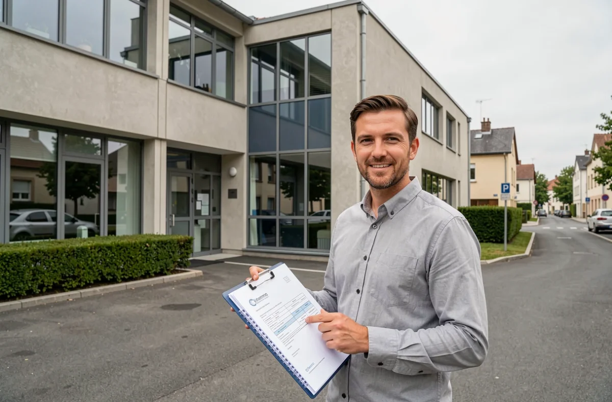 Entrepreneur tenant des documents d'immatriculation devant un centre d'affaires en banlieue parisienne dans le Val-d'Oise