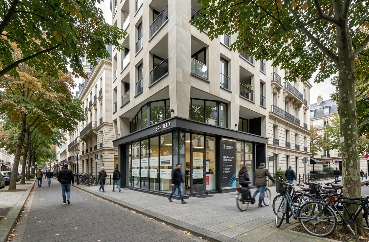 Façade d'un centre d'affaires moderne à Montreuil avec des plaques de sociétés domiciliées, rue animée en arrière-plan