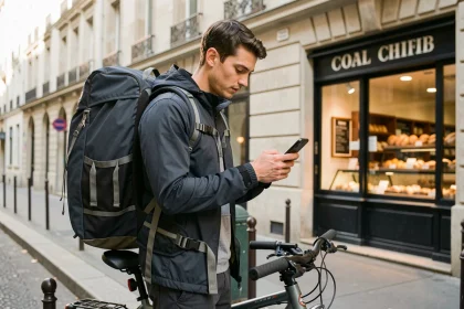 Jeune homme avec sac de livraison thermique consultant son téléphone avant sa première course Uber Eats à vélo en ville