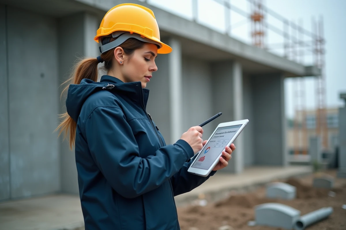 Cheffe de chantier consultant un devis numérique sur tablette sur un site de construction