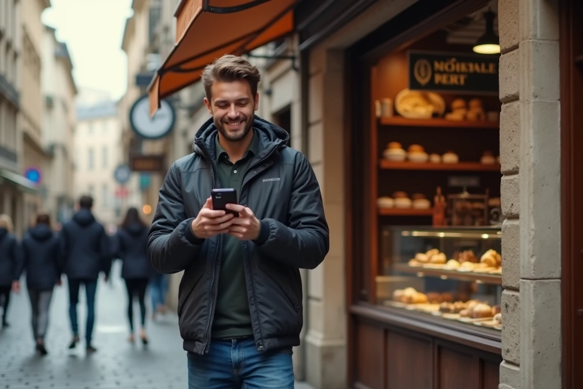 Client laissant un avis en ligne devant une boulangerie locale dans une rue pavée