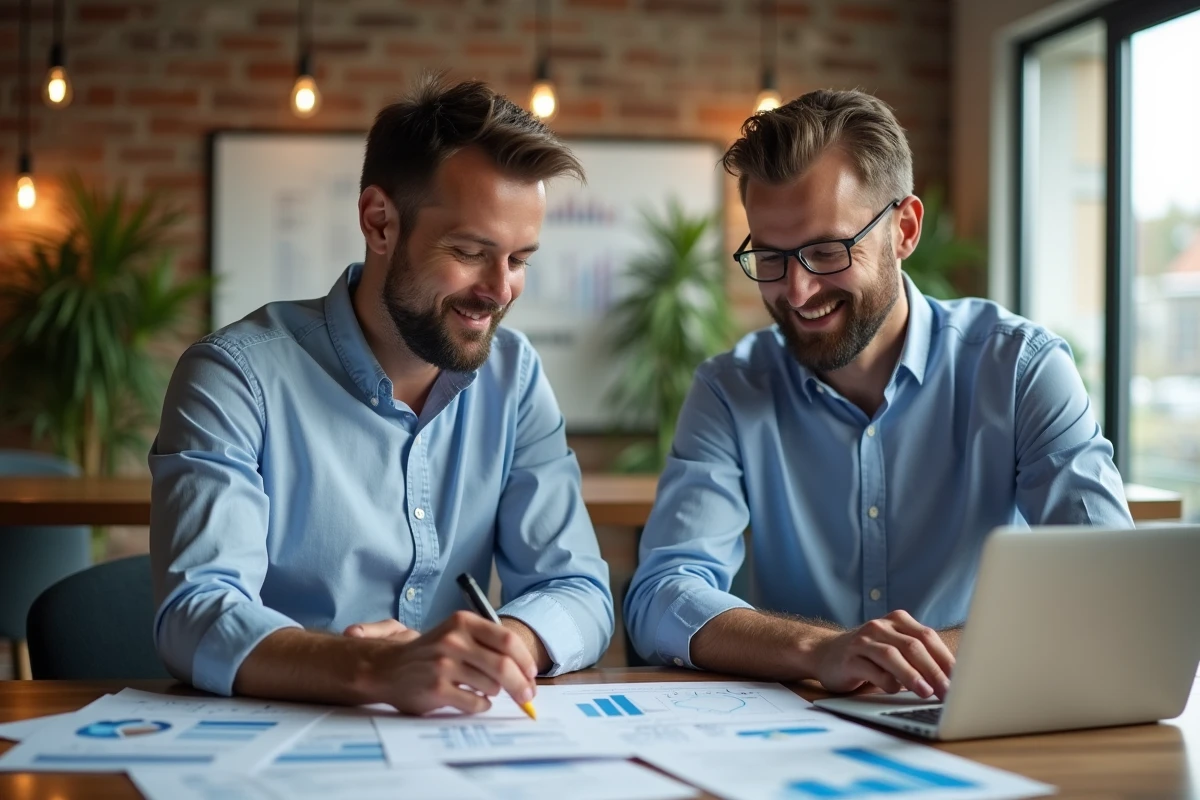 Deux collègues collaborant sur des documents dans un espace de coworking