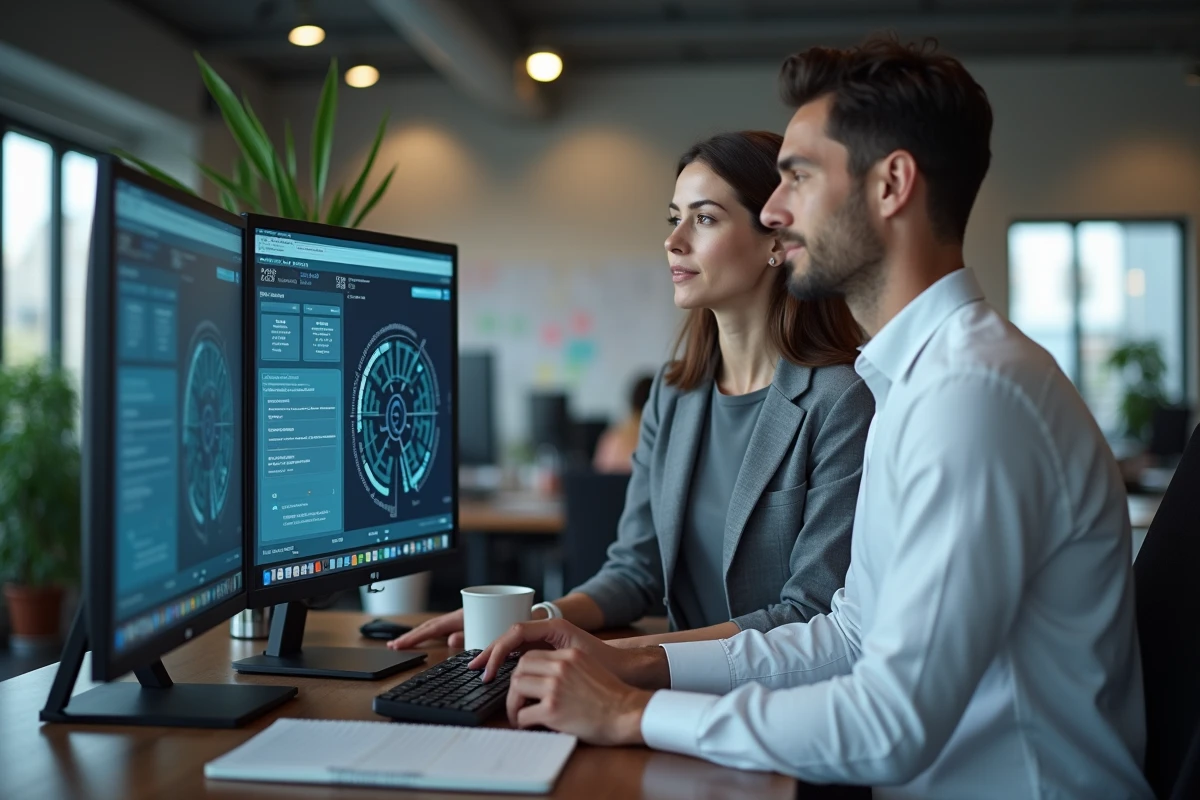 Deux collaborateurs analysant ensemble la gestion des rôles utilisateurs et la protection des données sur un poste de travail