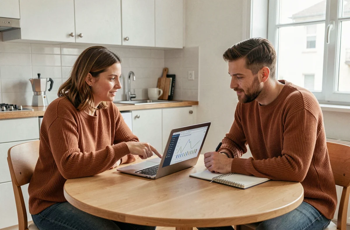 Deux collègues en télétravail collaborant sur un outil GTA de gestion des temps autour d'un ordinateur portable dans un espace de travail à domicile convivial