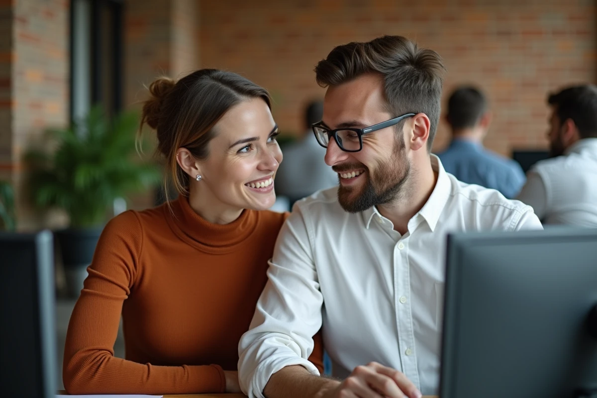 Deux collègues en coworking échangeant leur avis sur les points forts et limites de zalentrapro.fr