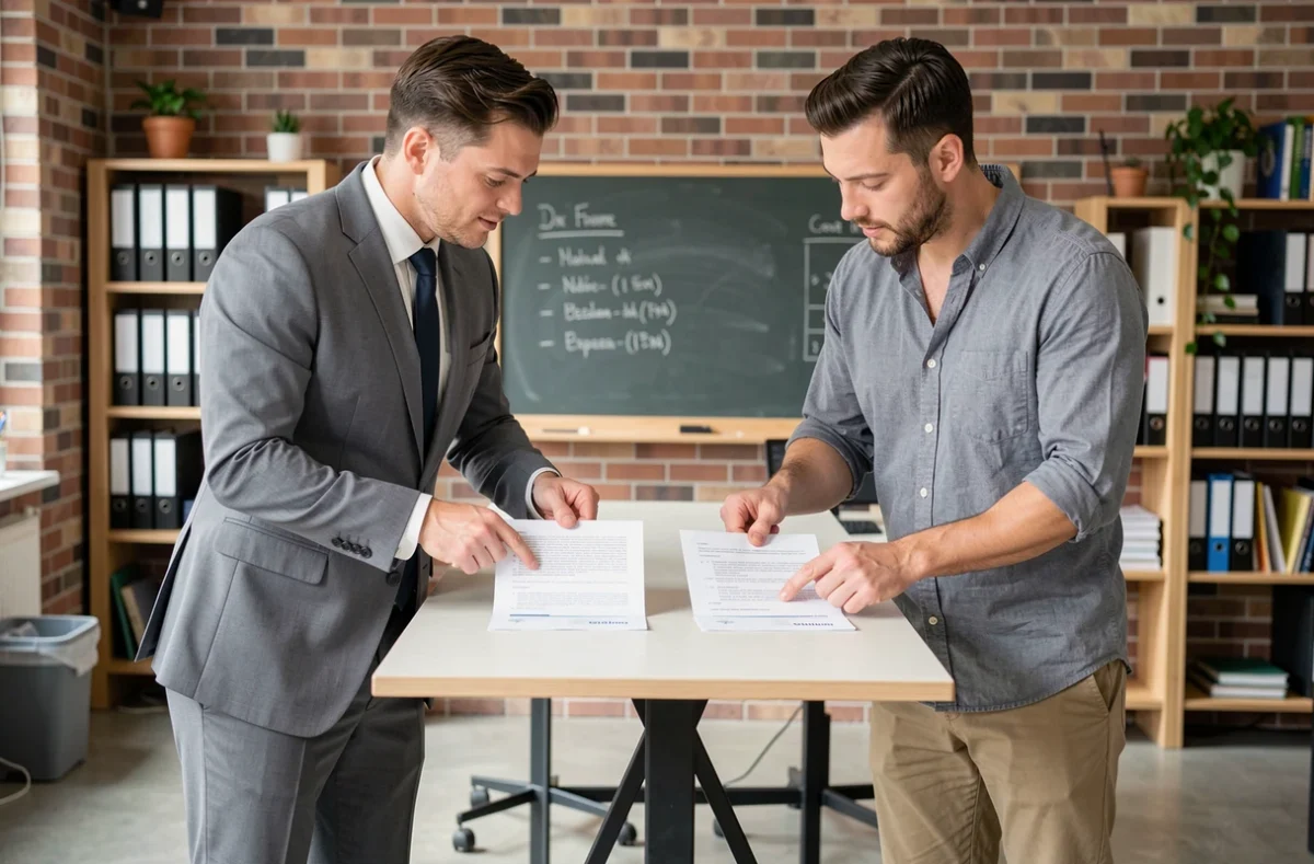Deux collègues comparant une note de service formelle et un mémo moderne dans un espace de coworking