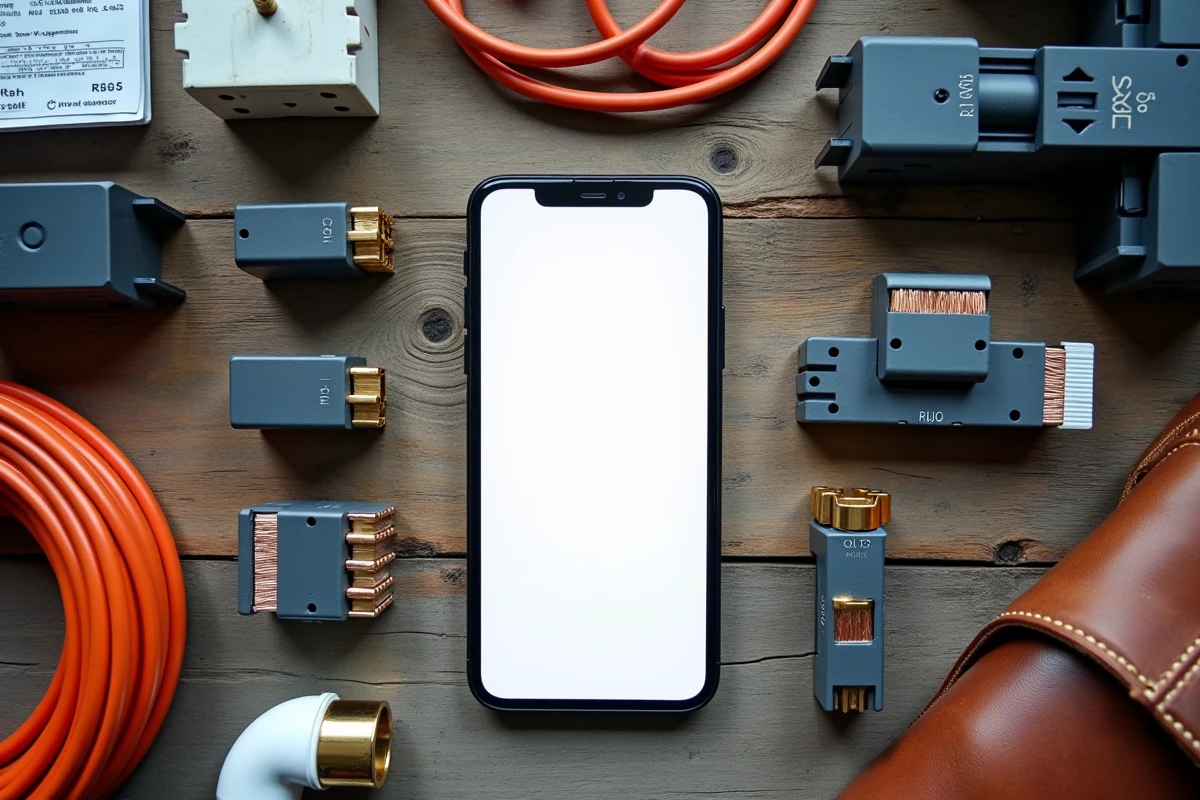 Vue aérienne de composants électriques avec devis instantané affiché sur smartphone