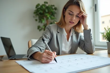 Femme comptant les jours ouvrables sur un calendrier de bureau en papier dans un bureau moderne