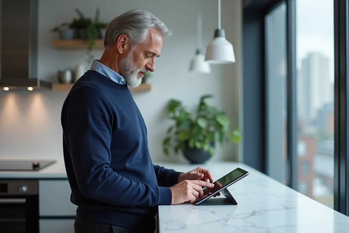 Homme en pull marine consultant les paramètres de son espace personnel Urssaf sur une tablette dans une cuisine moderne