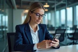 Femme professionnelle connectée à MonPortailSecuritas depuis son smartphone dans un bureau moderne