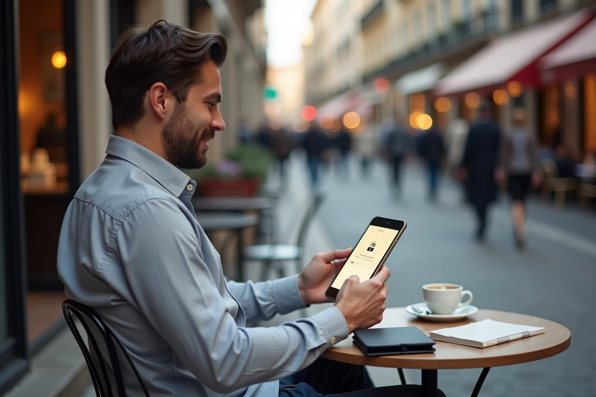 Utilisateur se connectant à MonPortailSecuritas en mobilité depuis un café en ville